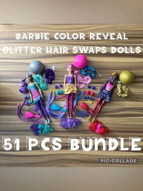 Barbie Color Reveal Glitter Hair Swaps Dolls Kids Toys Girls Dolls 51 pcs Bundle